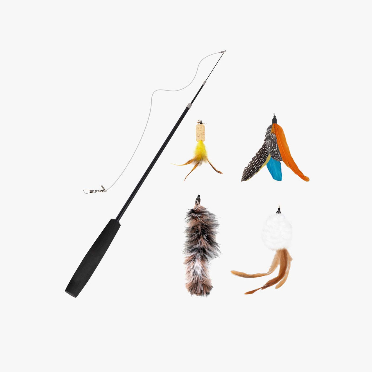 Fishing Cat Wand Toy with 4 Pieces Feather Heads