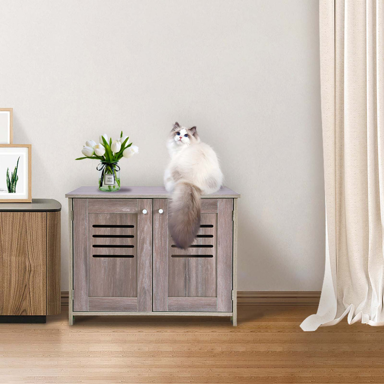 2 in 1 Cat Litter Box Enclosure Antique Grey (Double Door Litter Box Furniture