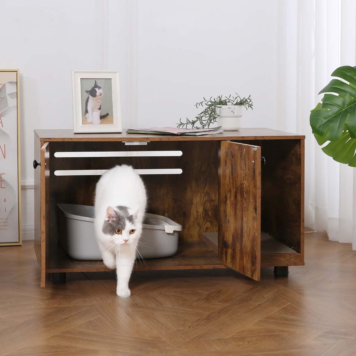 2 in 1 Large Cat Litter Box Enclosure (Double Door Litter Box Furniture