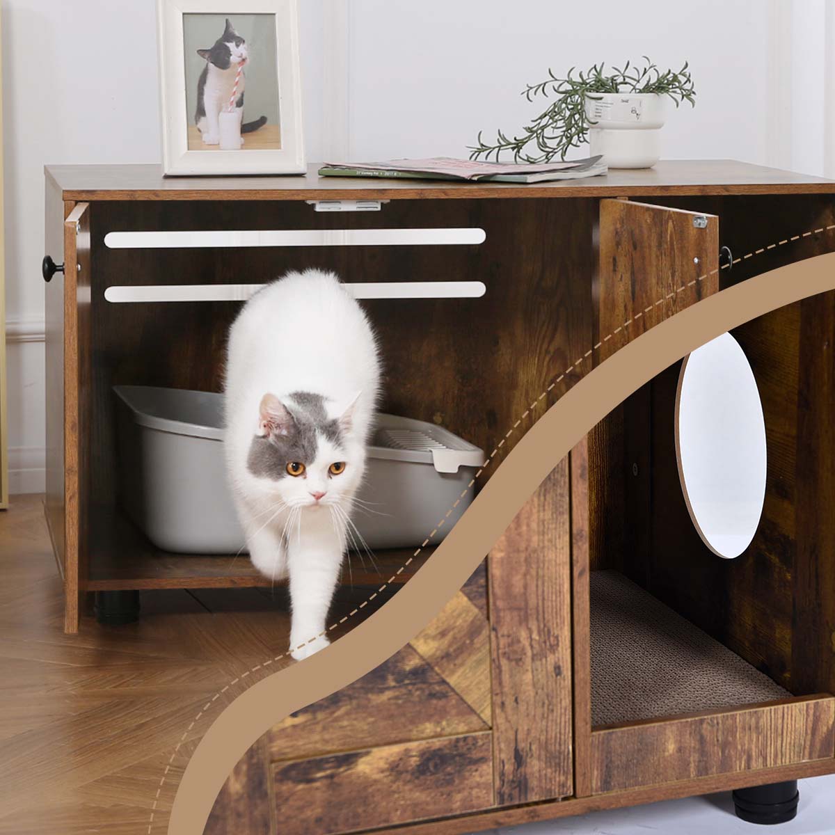 2 in 1 Large Cat Litter Box Enclosure Double Door Litter Box Furniture Petfamily